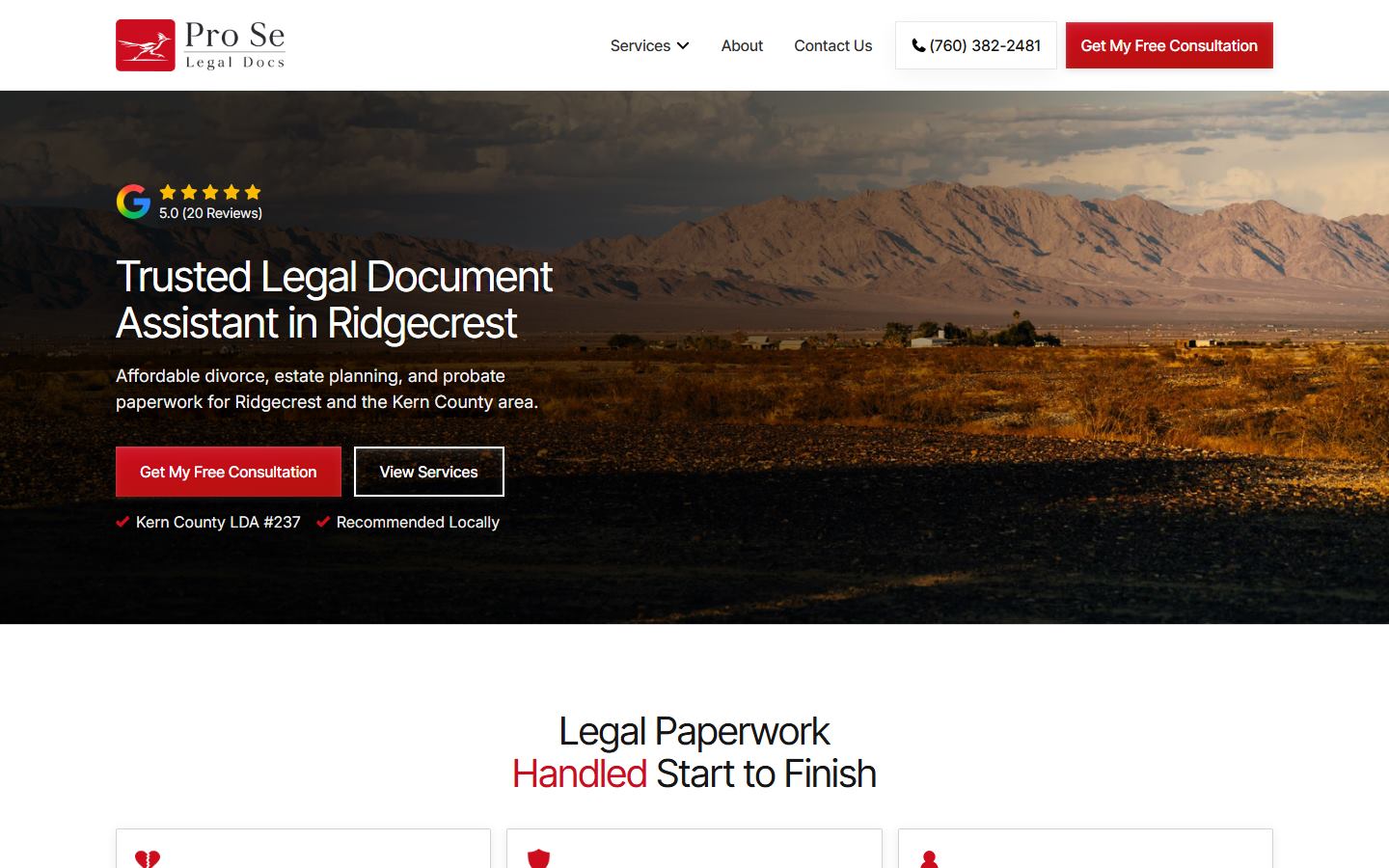 Pro Se Legal Docs website homepage designed by Catlin Computer Solutions