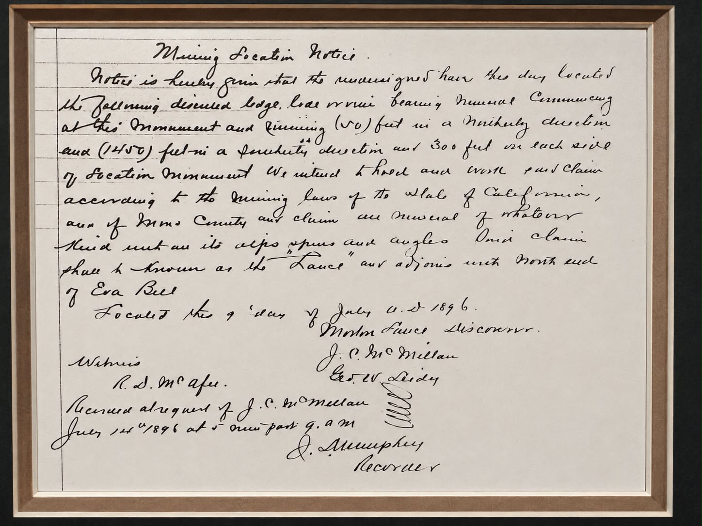 Historical family document related to the 1896 Eva Bell Mine record
